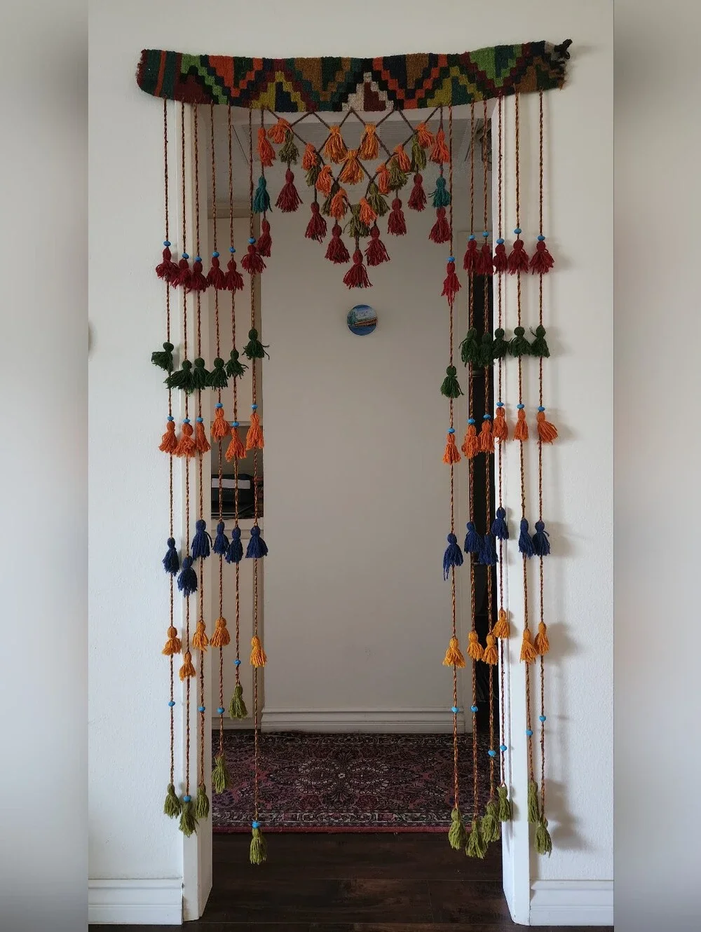 Vintage Persian Qashqai Tribal Tassel Door Hanging – 100% Wool Handwoven Kilim